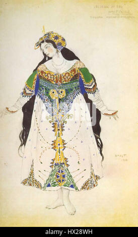 'L'oiseau de feu' de Léon Bakst est un célèbre costume de ballet, reflétant l'esthétique vibrante et dynamique du ballet russe. Le travail de Bakst pour cette production présente des couleurs riches et des détails complexes, contribuant au style visuel du ballet. Banque D'Images