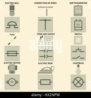 L'image vectorielle des icônes avec des éléments de la chaîne électrique, symboles de la chaîne électrique, les appareils électriques de chaîne sont utilisés dans le mode de vie. Illustration de Vecteur