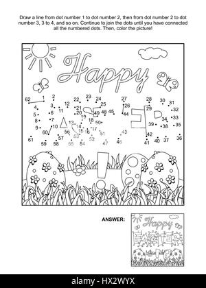 Relier les points sur le thème de Pâques photo puzzle et coloriage avec salutation et d'oeufs peints. Réponse inclus. Illustration de Vecteur