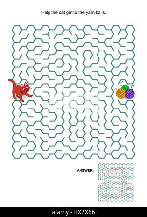 Jeu de labyrinthe : aider le chat espiègle se rendre à la laine des boules. Réponses incluses. Illustration de Vecteur