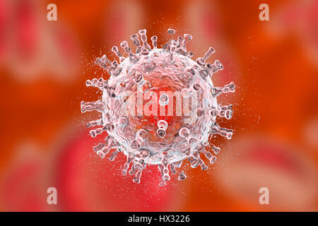 La destruction du sarcome de Kaposi (KSHV), illustration de l'ordinateur. Image conceptuelle pour le sarcome de Kaposi le traitement et la prévention. KSHV, ou l'herpèsvirus humain 8, est un oncovirus, un virus qui peut causer le cancer. Son nom est dérivé d'être l'agent causal de la maladie de Kaposi chez les patients atteints du SIDA (syndrome d'immunodéficience acquise). La capside virale entoure l'ADN (acide désoxyribonucléique) et est à son tour entouré par des protéines de tégument et une membrane lipidique. Banque D'Images