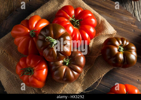 Rouge et Marron biologiques crus Heirloom Tomatoes Fresh de la vigne Banque D'Images