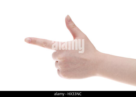 La femme avec le doigt point isolé sur fond blanc Banque D'Images