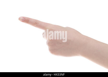 La femme avec le doigt point isolé sur fond blanc Banque D'Images