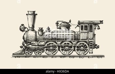 Vintage locomotive. Train Rétro dessiné à la main. Sketch, vector illustration Illustration de Vecteur