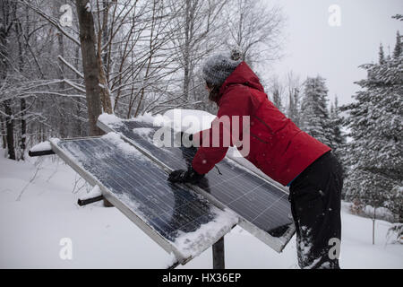 Une dame dans une veste rouge efface la neige de l'panneaux solaires après une tempête dans la région de Hastings Highlands, Ontario, Canada. Banque D'Images