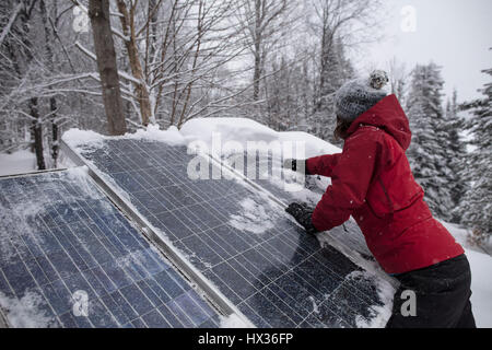 Une dame dans une veste rouge efface la neige de l'panneaux solaires après une tempête dans la région de Hastings Highlands, Ontario, Canada. Banque D'Images