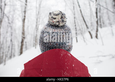 Une dame dans une veste rouge les raquettes dans la forêt après une tempête de neige dans la région de Hastings Highlands, Ontario, Canada. Banque D'Images