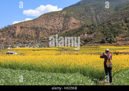 ShiGu, Chine - le 17 mars 2017 : prendre des photos de la fleurs de canola à proximité village ShiGu sur la première courbe de la rivière Yangtze Banque D'Images