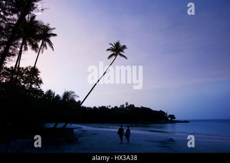 Couple in love marche sur un coucher de soleil couleur bleu violet exotic palm beach. Banque D'Images
