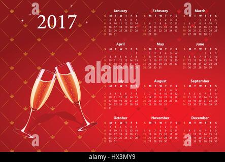 Calendrier 2017 américain vecteur avec champagne, à partir de dimanche Illustration de Vecteur