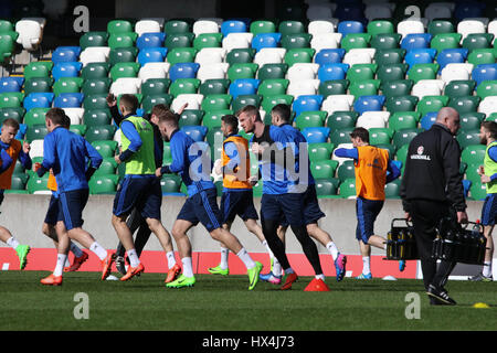 Belfast, Irlande du Nord. 25 mars, 2017. Stade national de football à Windsor Park, Belfast, Irlande du Nord. 25 mars 2017. L'Irlande du Nord former au stade cet après-midi. L'Irlande du Nord Norvège jouer dans leur qualification de la Coupe du Monde au rez-de-demain soir. David Hunter/Alamy Live News. Banque D'Images