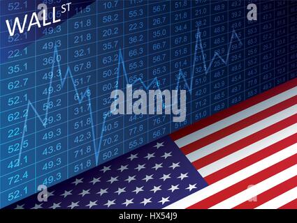 Tableau de la bourse et drapeau américain. L'analyse des données dans le marché commercial de Wall Street. L'ensemble de travail pour l'analyse statistique et l'analyse financière Illustration de Vecteur