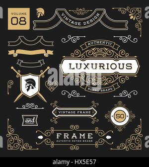 Ensemble d'éléments de conception graphique vintage rétro. Signe, étiquettes d'image, rubans, logos, symboles, couronnes, s'épanouit et ornements. Vector illust Illustration de Vecteur