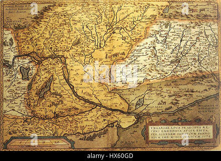 La « carte de la Hongrie » de Sambucus, créée en 1578, est une œuvre cartographique importante qui offre un aperçu détaillé de la géographie de la Hongrie à la fin de la Renaissance. C'était un outil essentiel pour comprendre les divisions politiques et territoriales de l'époque. Banque D'Images