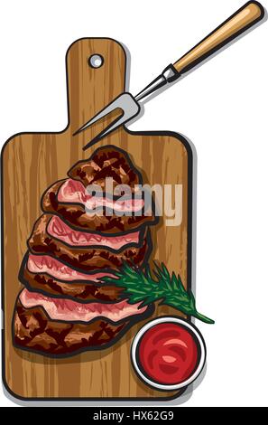 Illustration de tranches de boeuf grillé steaks sur bois board with tomato sauce Illustration de Vecteur
