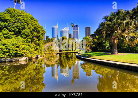 Sydney City Royal Botanic garden pond reflétant CBD gratte-ciel entourée par des arbres exotiques Banque D'Images