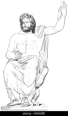 Zeus, dans la mythologie grecque antique, est le roi des dieux, souverain du Mont Olympe, et Dieu du ciel, du tonnerre et de la justice. Souvent représenté tenant un coup de foudre, Zeus joue un rôle central dans de nombreux mythes grecs et est un symbole de pouvoir et d'autorité. Banque D'Images