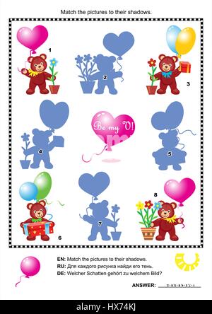 Saint Valentin puzzle visuel avec nounours, coeurs, des ballons, des cadeaux et des fleurs en pot : faire correspondre les photos à leurs ombres. réponse inclus. Illustration de Vecteur