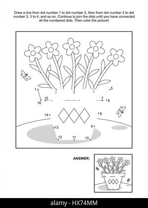 Relier les points photo puzzle et coloriage - pot de fleurs, fleurs, papillons. Réponse inclus. Illustration de Vecteur