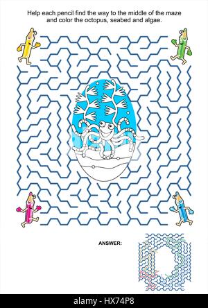 Jeu de labyrinthe et l'activité de coloriage pour enfants page : aide chaque crayon trouver le moyen de le milieu du labyrinthe et la couleur des fonds marins et d'algues, la pieuvre. Illustration de Vecteur