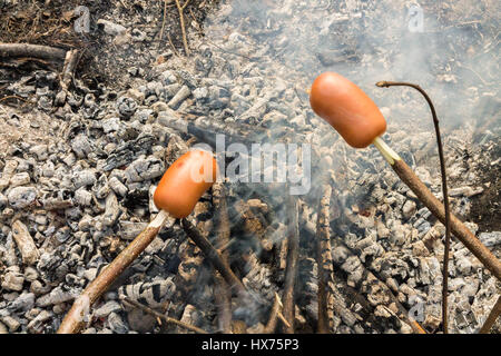 Préparer des saucisses sur le feu. Snack dans la forêt. Les touristes de l'alimentation. Banque D'Images