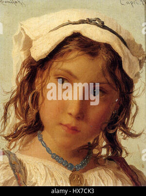 La paysanne de Capri est une peinture d'Adriano Bonifazi, représentant une femme rurale de l'île de Capri en Italie. Il met en valeur la vie quotidienne et la tenue traditionnelle des paysans italiens au XIXe siècle. Banque D'Images