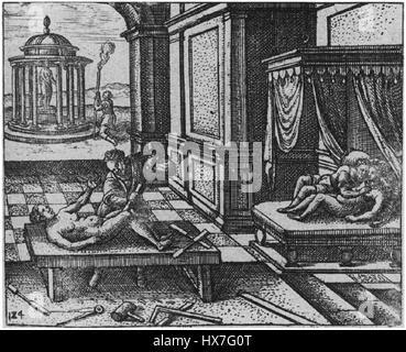 Pygmalion, des Métamorphoses d’Ovide, dans une illustration de Pieter van der Borcht, un graveur flamand, en 1591, représentant la scène où Pygmalion souhaite que sa femme sculptée prenne vie et Aphrodite exauce son vœu. Banque D'Images