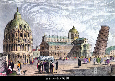 La Tour Basilique de Pise, également connue sous le nom de Tour penchée de Pise, a été photographiée au début du XIXe siècle (vers 1830). L'inclinaison emblématique de la tour et sa grandeur architecturale sont capturées dans cette image historique, soulignant sa position unique parmi les monuments historiques de l'Italie. La photo met en valeur le style roman complexe de la structure et son importance dans le complexe de la cathédrale de Pise. Banque D'Images