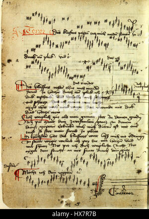 Lochamer 14v est une page manuscrite médiévale, présentant une calligraphie complexe et une décoration illuminée. Il représente l'artisanat du XIVe siècle, où les manuscrits étaient écrits à la main et méticuleusement décorés par des moines. Le design de la page présente des initiales ornées et des illustrations vibrantes, offrant un aperçu des pratiques culturelles et artistiques de l’Europe médiévale. Banque D'Images