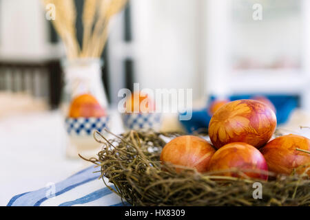 Les oeufs de Pâques teints traditionnellement à l'aide de peaux d'oignon, fleurs et plantes Banque D'Images