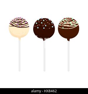 Jeu de Cake Pops isolé sur un bâton en différentes couleurs avec des ornements divers. Cupcakes, forme ronde sur un bâton. Isolées. Hand drawn vector Illustration de Vecteur