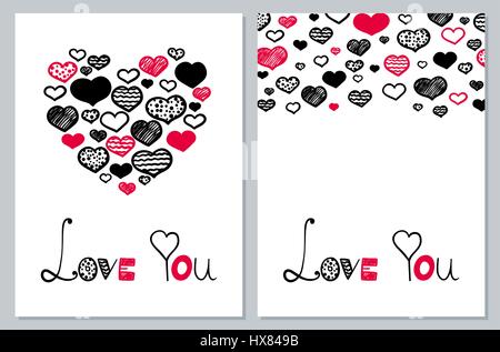 Jeu de cartes noir et rouge romantique composé de diverses sweet hearts et le lettrage sur un fond blanc. Vector illustration dessinée à la main. Valentine' Illustration de Vecteur