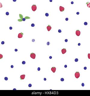 Seamless pattern naturel de framboises et bleuets sur fond blanc. Éléments de la tendance dessinée à la main un contour foncé brillant et peint Illustration de Vecteur