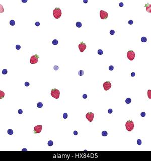 Seamless pattern naturel de framboises et bleuets sur fond blanc. Éléments de la tendance dessinée à la main un contour foncé brillant et peint Illustration de Vecteur