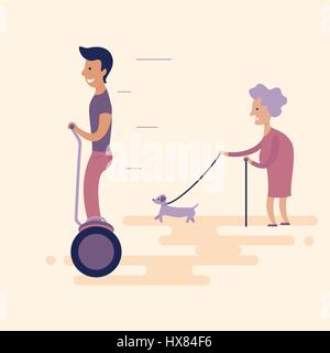 Sur l'homme gyroscooter dépassé par une vieille dame avec un chien. Les nouvelles technologies dans la vie quotidienne. Télévision. Vector illustration Illustration de Vecteur