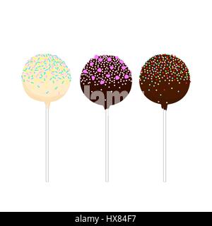 Jeu de Cake Pops isolé sur un bâton en différentes couleurs avec des ornements divers. Cupcakes, forme ronde sur un bâton. Isolées. Hand drawn vector Illustration de Vecteur