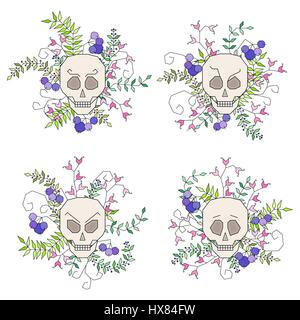 Ensemble de crâne isolé entouré de fleurs et de branches avec des feuilles de style géométrique. Vector illustration Illustration de Vecteur