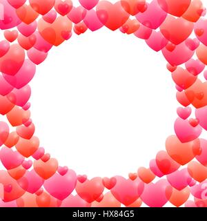 Cadre romantique avec des coeurs de différentes tailles dispersés et plusieurs teintes de rouge sur un fond blanc formant un cercle vide. Le jour de la Saint-Valentin. Illustration de Vecteur