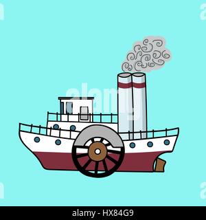 Télévision Cartoon dans le bateau à vapeur style rétro. Vieux vapeur sur un fond bleu. Hand drawn vector illustration. Illustration de Vecteur