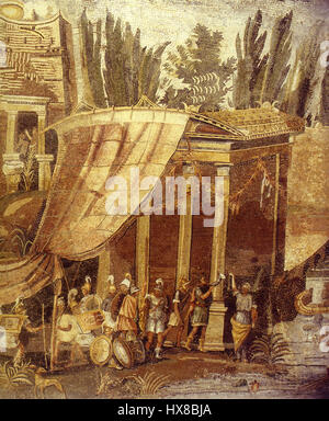 La mosaïque du Nil de Praeneste est une ancienne mosaïque romaine représentant des scènes d'Égypte, mettant l'accent sur le Nil. Section 1, détail 29, montre des dessins complexes représentant des divinités égyptiennes et des éléments symboliques liés à la rivière et son importance dans la vie égyptienne antique. Banque D'Images