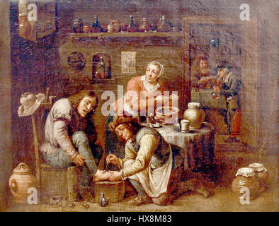 Ce tableau, attribué à l'école Teniers, illustre une intervention médicale de 1663. Il représente probablement une opération du pied, mettant en valeur les techniques chirurgicales rudimentaires utilisées au XVIIe siècle et reflétant les pratiques médicales de l'époque. Banque D'Images