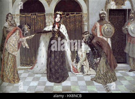 Ce titre semble être écrit en cyrillique et représente une œuvre complexe de l'art russe ou slave, éventuellement liée à des thèmes religieux ou culturels, démontrant des éléments artistiques traditionnels d'Europe de l'est. Banque D'Images