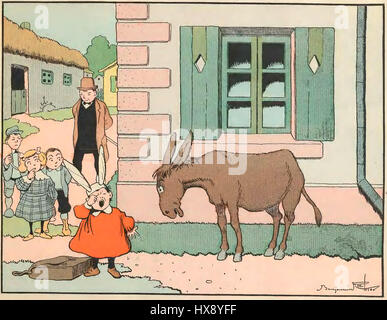 'Les petites Misères de la vie des animaux' de Rabier est un livre d'illustration qui dépeint avec humour les luttes quotidiennes des animaux. Publié par Garnier en 1906, il présente l’approche spirituelle de Rabier à la vie animale, en se concentrant sur des situations comiques qui reflètent à la fois les expériences animales et humaines. Banque D'Images