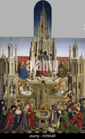 *La Fontaine de la vie* après Jan van Eyck est une copie ou une réinterprétation de la célèbre œuvre religieuse de van Eyck. La peinture reflète l'accent mis par l'original sur des thèmes bibliques, en particulier le concept de vie éternelle, tout en mettant en valeur les détails méticuleux et la maîtrise de la lumière de van Eyck. Banque D'Images