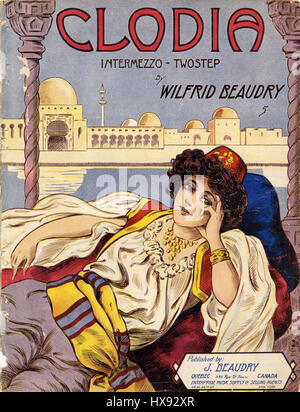 La couverture de partition de 'Clodia' (1908) de Wilfred Beaudry présente un design saisissant mettant en vedette des éléments de style Art Nouveau. La couverture reflète le mouvement artistique du début du XXe siècle avec des lignes complexes et des détails ornementaux, évoquant l'élégance de l'époque. L'utilisation par Beaudry de couleurs douces et de lignes fluides améliore l'ambiance de la pièce, s'alignant avec la nature romantique de la musique. Banque D'Images