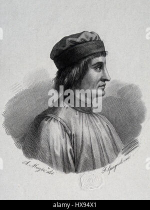 Cette gravure au trait, créée par F. Spagnoli d’après le design de A. Muzzi, met en valeur Pietro Crescenzio dans un style détaillé et pointu. Le travail capture l'essence du sujet d'une manière formelle et complexe. Banque D'Images