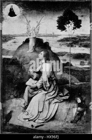 Une peinture de Hieronymus Bosch représentant Saint Jean l'évangéliste, mettant en valeur le style surréaliste unique de Bosch. Cette œuvre met en lumière l’iconographie religieuse associée à Saint Jean et les détails complexes typiques de la Renaissance nordique. Banque D'Images
