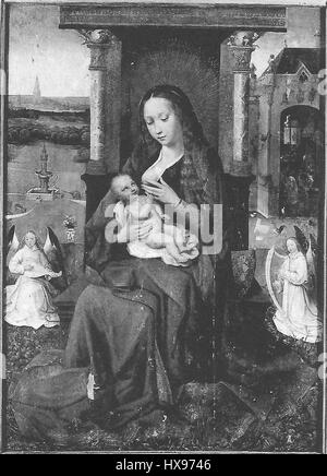 Cette peinture, Vierge à l'enfant, attribuée à un disciple de Hieronymus Bosch, représente la Vierge Marie tenant l'enfant Christ. L'œuvre met en valeur le symbolisme religieux et le style distinctif des disciples de Bosch. Banque D'Images