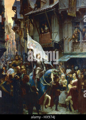 Cette pièce historique représente Jeanne d'Arc (Jeanne d'Arc) entrant dans la ville d'Orléans lors de la campagne de France de 1429. Son arrivée marque un tournant dans la guerre de cent ans, car elle mène les forces françaises dans un siège réussi contre les Anglais. Banque D'Images